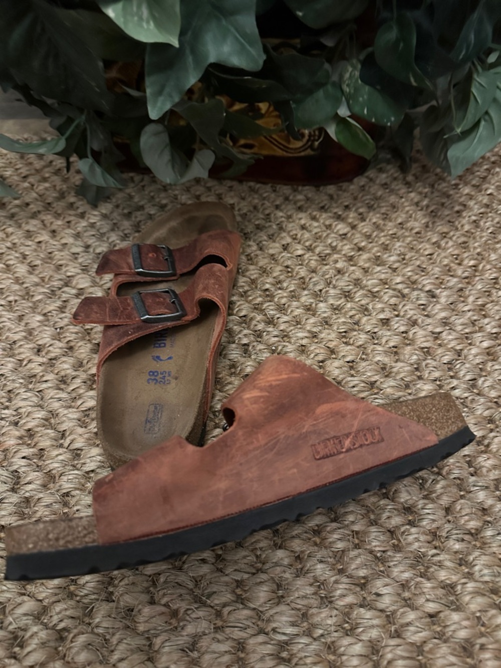 Birkenstock Brown Leather Double-Buckle Slide Sandals - Picture 6 of 12